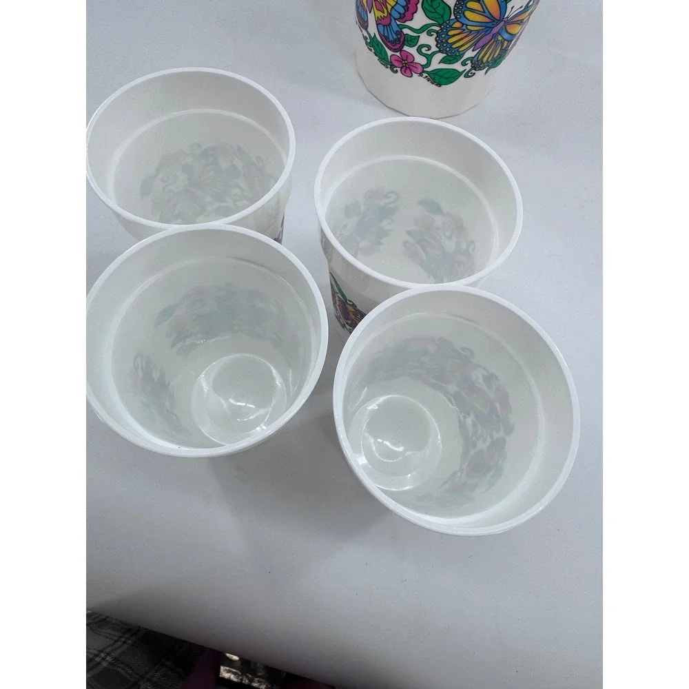 Vintage Butterfly Drink Pitcher Glasses Set White Yellow Floral Retro 5pc Picnic